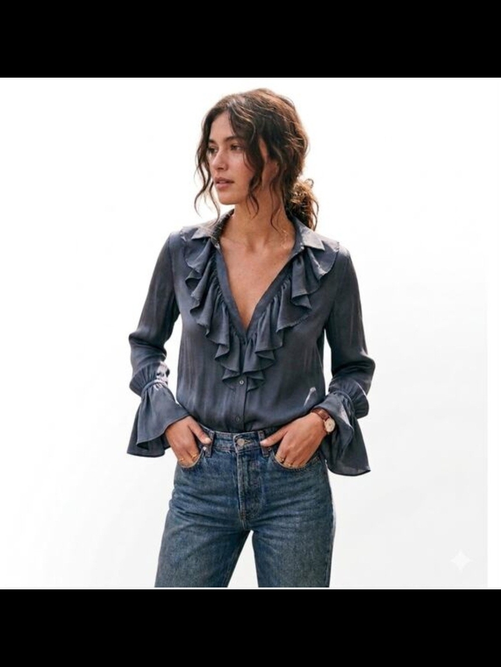 PAIGE Blue Ruffle V-Neck Blouse